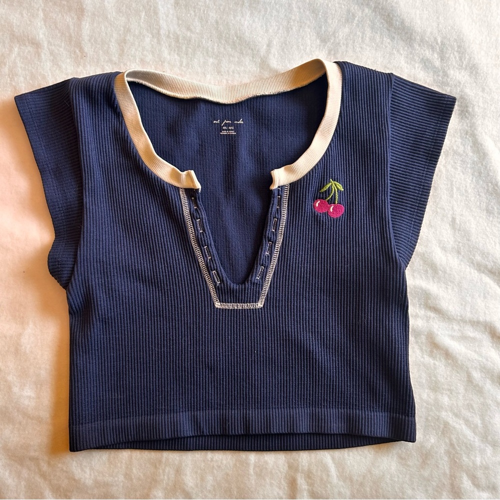 Navy Blue Top with Cherry Embroidery